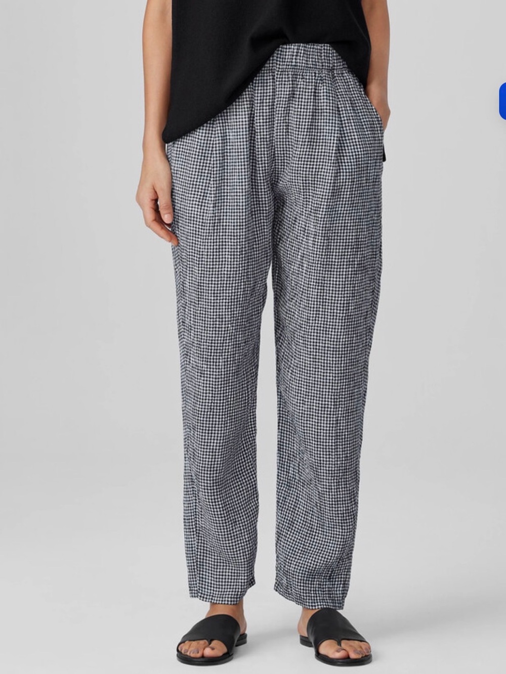 NWT Eileen Fisher Black & White Gingham Linen Tapered Pull-On Pants